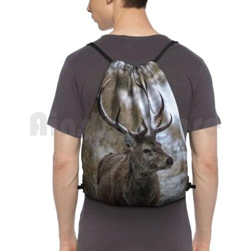 Twelve Point Stag In The Snow Backpack Drawstring Bags Gym Bag Waterproof Animal Antlers Big Brown Buck Cautious Coat
