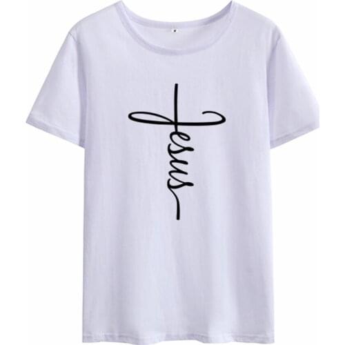 Mikialong Jesus Christian Tshirt Women Letter Printed Short Sleeve O-neck T Shirt Cotton Women Loose White Ladies Top