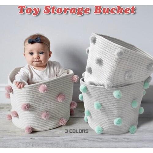 Nordic Style Cotton Rope Knitted Pompom Decor Laundry Basket Toy Storage Bucket Photo Prop Home Organizer Large Capacity