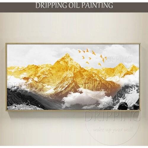 Artist Pure Hand-painted Abstract Gold Hills Landscape Acrylic Painting Abstract Golden Birds and Mountains Acrylic Painting