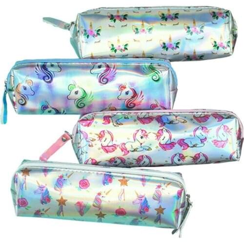 Colorful Unicorn Pencil Bag Stationery Case Rainbow Laser Unicorn Pencil Pocket Zipper Pen Case Girls Kids Gift School Supplies