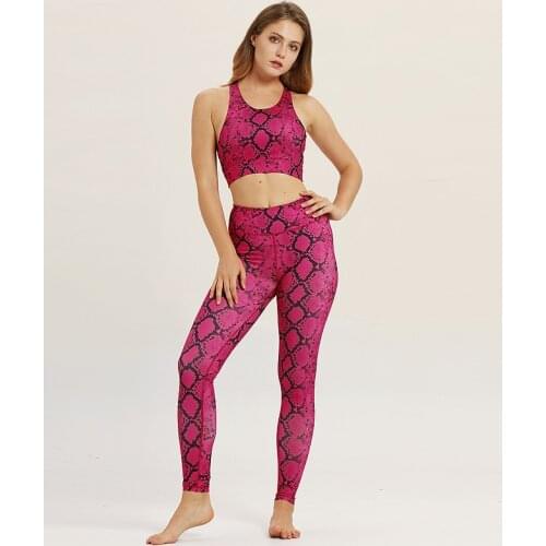 LEOQ Solid Sexy 2 Pieces Yoga Snakeskin Print Set High Waist Crop Top Push Up Women Sport Clothing Workout Active Wear