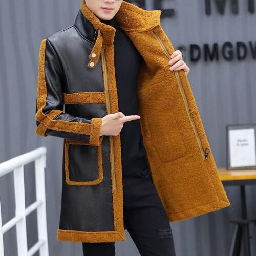 Fashion stitching leather, cashmere PU leather men, winter new leather, youth slim leather, long warm coat