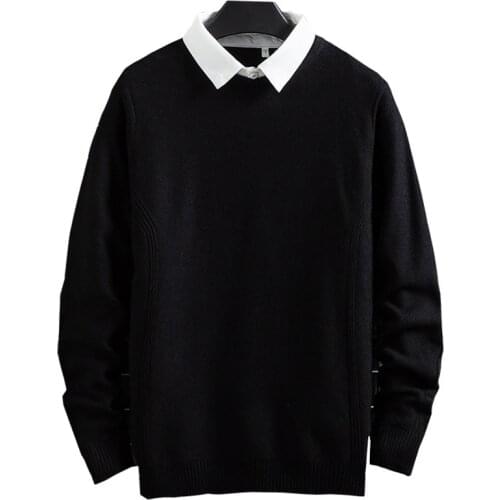 Autumn Men Fake Two-piece Knitted Solid Pullover Sweater Shirt Pull Up Long Sleeve Jumper Male Fashion Slim Fit Sweater