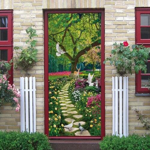 Park Fresh Door Stickers Home Decoration White Dove Elk Bedroom Living Room Decoration Door Decals Waterproof Two-Piece Set