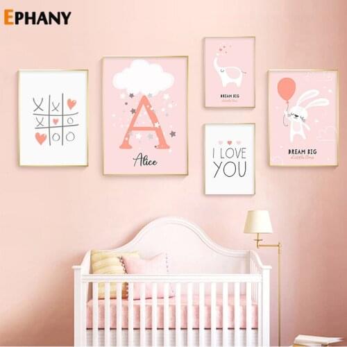 Baby Nursery Wall Art Poster Simple Quotes Canvas Print Pink Rabbit Balloon Painting Decorative Picture for Kid Girl Bedroom