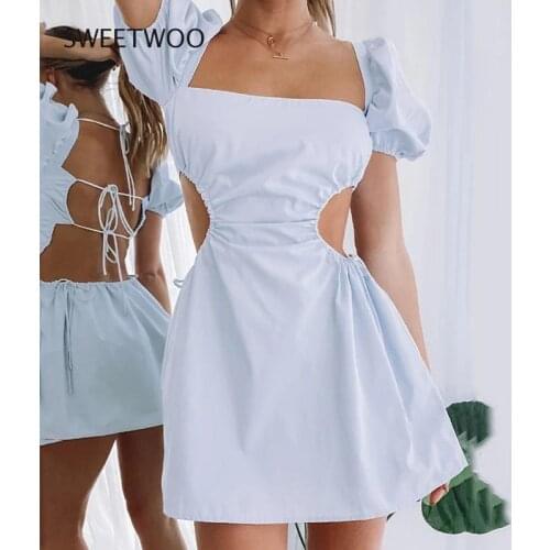 2021 summer new dress sexy short-sleeved open back solid color lace-up puff sleeve beach short skirt