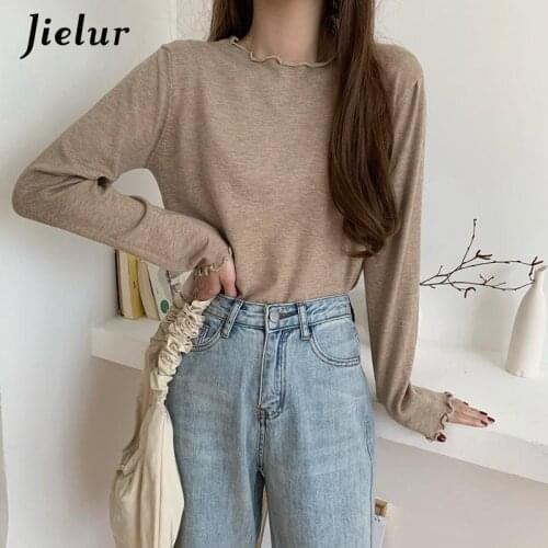 Jielur Autumn Knitted Sweater Fashion Womens Sweaters 2021 Winter White Black Knitwear Women Pullover Ruffles Jumper Pull Femme