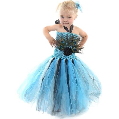 Princess Girls Peacock Feather Mesh Tutu Dress Photo Children Kids Pageant Wedding Halloween Costume Kids Birthday Party Dress