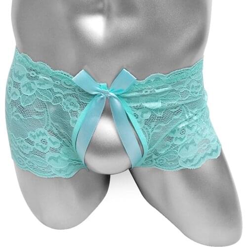 Crotchless Mens Lace Boxers Shorts Underwear See Through Bowknot Sexy Sissy Lingerie Panties Bikini Male Briefs Underpants