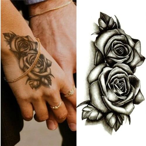 Waterproof Temporary Tattoo Sticker Black Double Rose Flowers Tattoos Sticker Fake Body Art Water Transfer Sticker Deals