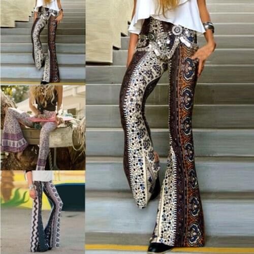 2020 New Fashion Womens Boho Hippie High Waist Floral Printed Wide Leg Long Flared Bell Bottom Pants