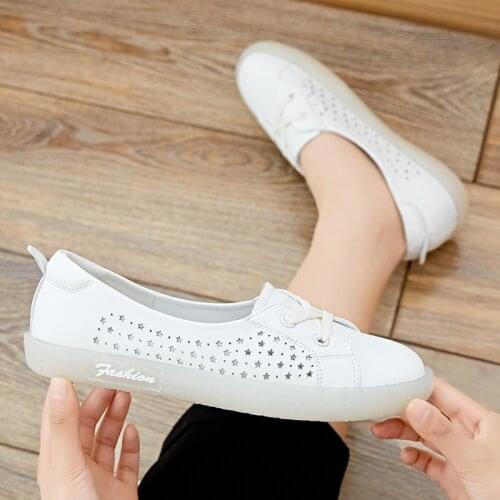 Tilocow Hollow Out Ballet Flats for Summer Ladies Cow Leather Shoes Woman Soft bottom Casual Solid Flats Female Sweet Footwear