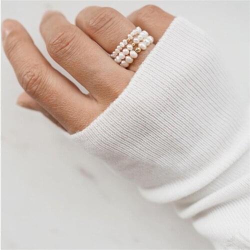 French Natural Shell Pearl Rings for Women Elastic Adjustable Fashion Jewelry Stainless Steel Pearl Beaded Rings Wedding Gifts