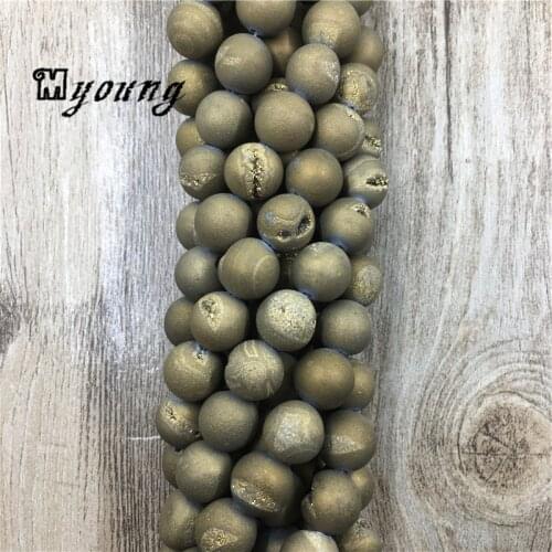 Golden Titanium Agates Druzy Beads,Matte Round Deode Beads,15.5" Strand Ball Beads For DIY Jewelry MY0083