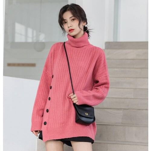 2020 Autumn Women Knitted Turtleneck Sweater Fashion Loose Buttons Long Sleeve Warm Irregular Front Hem Lady Top Ropa Para Mujer