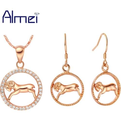 Almei Cute Cheap 2017 Sale Rose Gold Color Aries Constellation Earrings Necklace Pendants Girls Jewelry Sets for Kids Woman T394