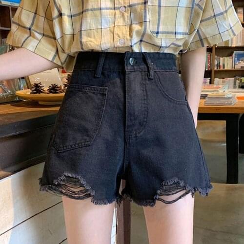 Black denim shorts women 2020 spring and summer new style was thin high waist Korean version loose curling A-line wid