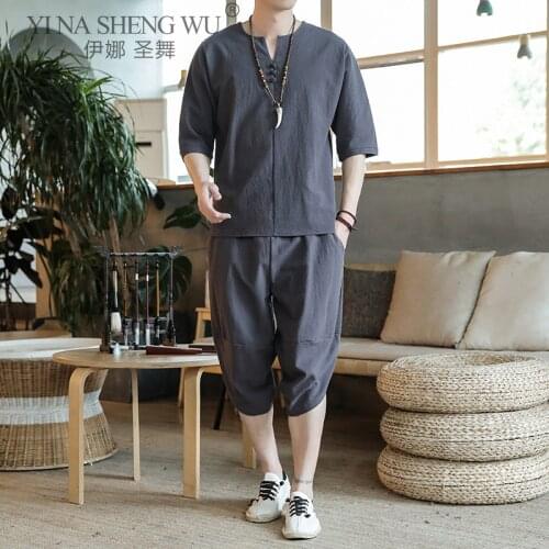 Japanese Style Suits Kimono Short-Sleeved Harajuku T-shirt Pants Two Piece Men Tops Trousers Male Japan Harajuku Yukata Costumes