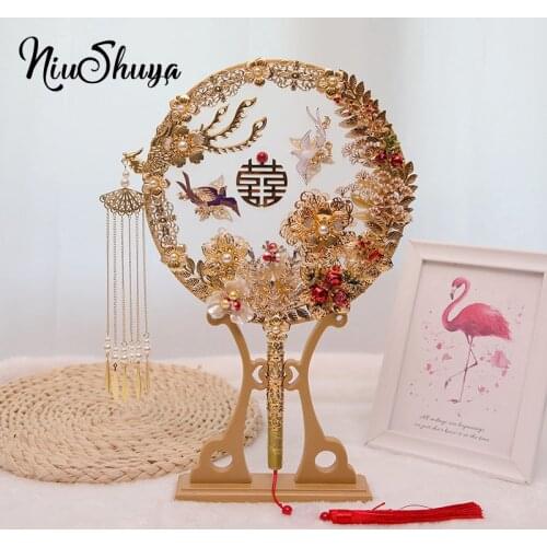 NiuShuya Retro Chinese Bride Marriage Round Silk Fan Chinese Traditional Wedding Bouquet Hand Holders Fans