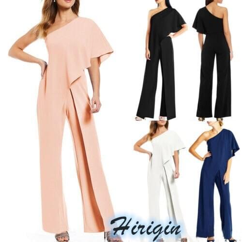 Summer Women Jumpsuits Casual Womens Off Shoulder Slash Neck Bodycon Jumpsuit Casual Solid Long Trouser Jumpsuit S-XL
