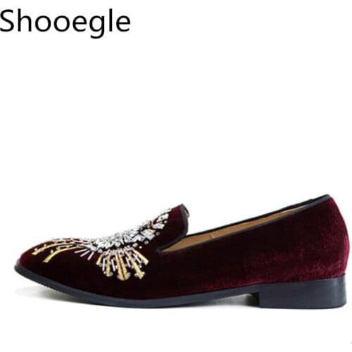 Shooegle Velvets Men Crystal Stud Casual Shoes Slip On Flats Embroidery prom wedding party dress men shoes black blue wine red