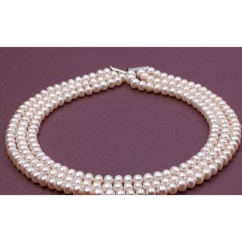 Natural 7-8mm 3 Row White Cultured Pearl Necklace 17-19Inch AAA
