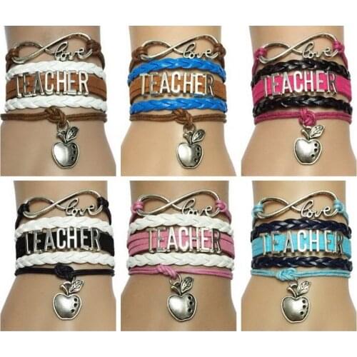 Drop Shipping Blue with Dark Blue Leather Braided Infinity Love Teacher Bracelet Apple Charm- Best Gift for Student Teach
