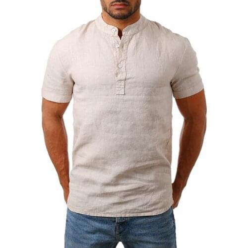 New Man Stand Collar Short Sleeve Shirt Mens Cotton Linen Solid Slim Fit Shirts Summer Male Plus Size Muscle Shirts Top 2019
