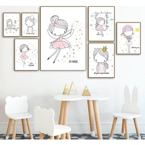 Self-adhesive Wall Sticker Cartoon Pink Princess Girl Nordic Posters Print Wallpapers Wall Art Painting Wall Pictures Room Decor