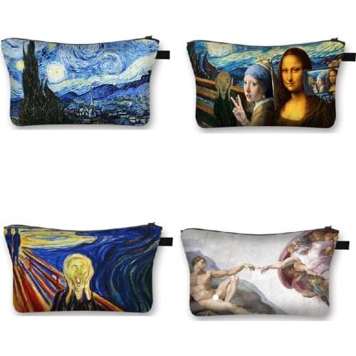 Fashion Mona Lisa Van Gogh Makeup Bag With Printing Pattern Travel Organizer Bag Pouchs For Womens Handbags Cosmetic Bag Female