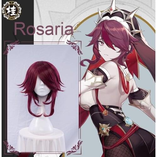 UWOWO Game Genshin Impact Rosaria Cosplay Wig 35cm Red Wine Short Hair