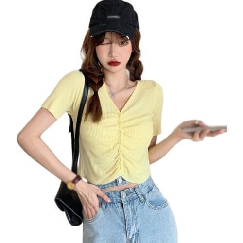 Womens V Neck Solid Colour Tee Casual Slim Sweet Expose Navel Knitted Short Sleeve Tops