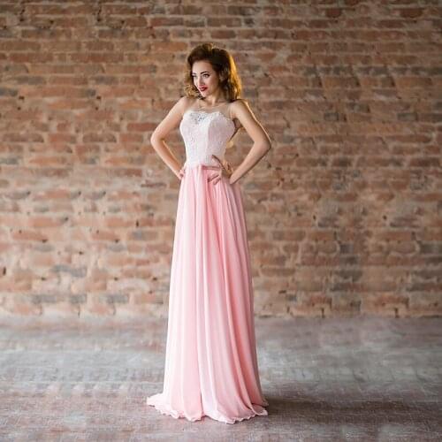 Latest On Sale Pink Lace Sleeveless Evening Dress Long Illusion O Neckline Cut Out Back Wedding Guest Dresses Pleating 2021