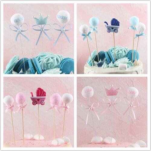 3pcs/set Baby Carriage Cupcake Topper Bow Pink Blue Lollipop Cake Topper For Kids Birthday Party Cake Decorations Baby Shower