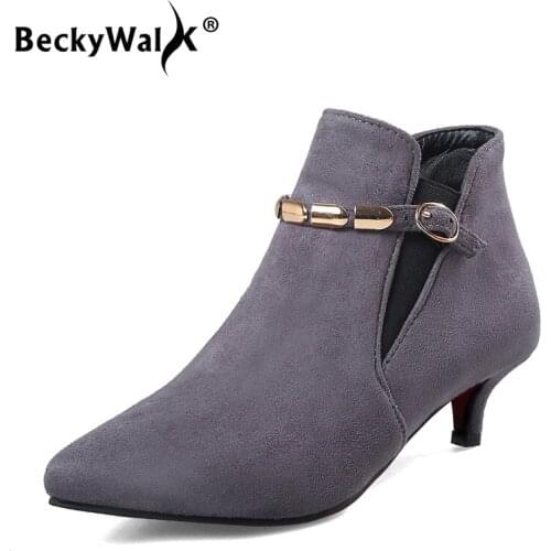 BeckyWalk Large Size Sexy Women Ankle Boots Pointed Toe Shoes Women Flock Fashion Metal Autumn Winter Plush Women Boots WSH3036