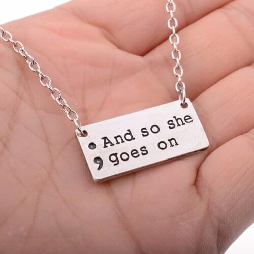 Bespmosp 24PCS/Lot Wholesale Hand Stamped Necklace"And So She Goes On"Semicolon Mental Health Awareness Pendant Charms Jewelry