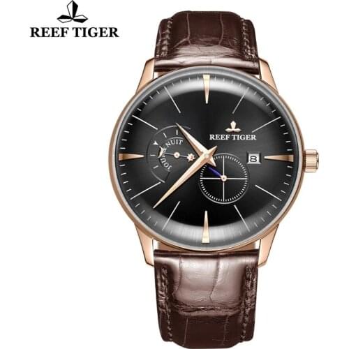 Reef Tiger/RT Luxury Casual Men Mechanical Watch Genuine Leather Waterproof Sapphire Automatic Watches Relogio Masculino