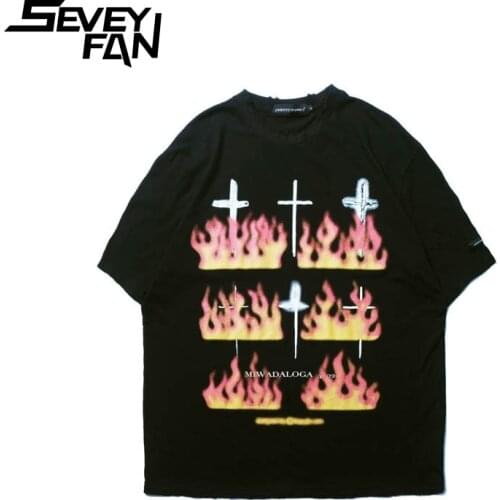 SEVEYFAN Hip Hop Flame Cross Print T Shirts Men and Women Oversize Short Sleeve Cotton Tees
