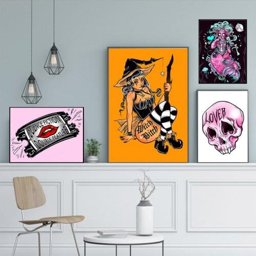 Goth Witch Tattoo Lover Skull Halloween Wall Art Canvas Painting Nordic Posters And Prints Wall Pictures For Living Room Decor