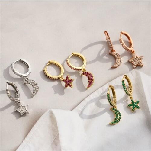 HECHENG,1 pair,Shiny Cubic Zircon Star Moon Earrings,Good Quality Small Hoop Earring For Women Girls Jewelry