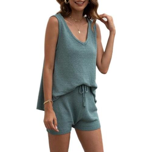 V Neck Knitting Two Piece Set Sexy Summer Top and Shorts Women Loose Beach 2 Pieces Sets