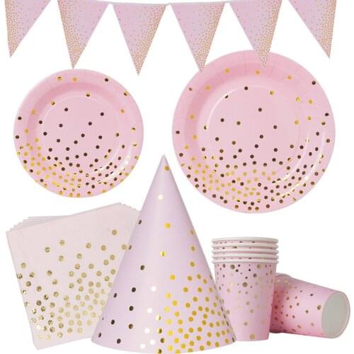 10PCS Disposable Tableware Set Pink White Wave Point Plate paper Straw Cup Napkins For Wedding Birthday Decoration Party
