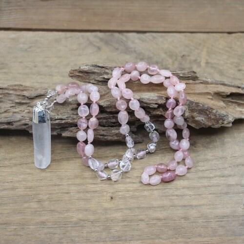 Raw Crystal Point Silvery Pendants Knotted Handmade Rose Quartz Chips Beads Yoga Necklace Mala Women Jewelry Wholesales,QC0141