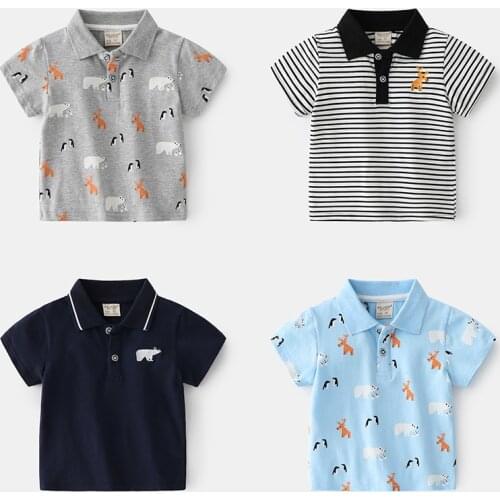 New 2021 Kids Boys Polo Shirts Fashion Cartoon Animal Print Striped Short Sleeve Lapel T-Shirt Baby Boys Summer Tops Clothing