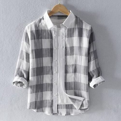 Cotton Linen Shirts Men Check Half Sleeve Casuall Dress Shirt Patchwork Fashion Stylish Tops Male Camisa Street Wear TS-746