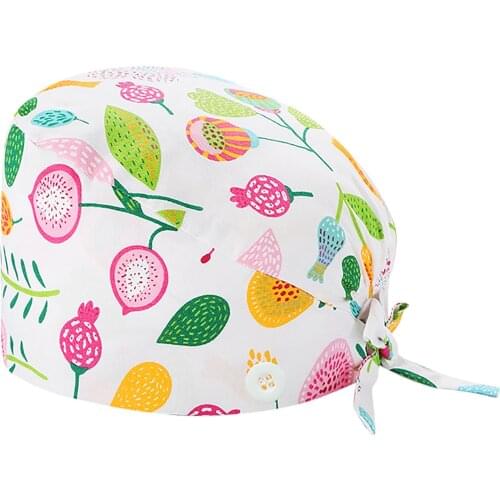Women Men Working Cap Sweatband Bouffant Cartoon Print Scrub Caps Adjustable Nurse Hats With Buttons uniforme enfermera FL50