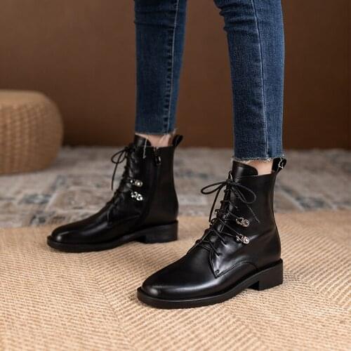 Osunlina 2021 New Retro Martain Boots Round Toe Low Heels Genuine Leather Lace Up Zipper High Quality Fashion Ankle Boots Lady
