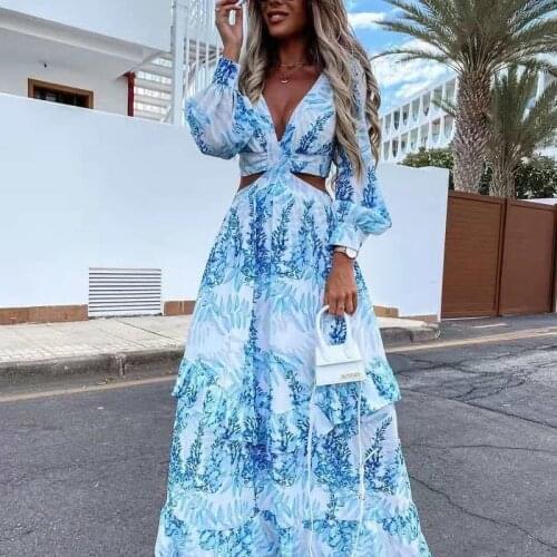 Beach Long Dress Sexy Hollow Out Boho Deep V Neck Summer Womens Dress 2021 Print Ruffle Party Long Sleeve Maxi Dresses Designer