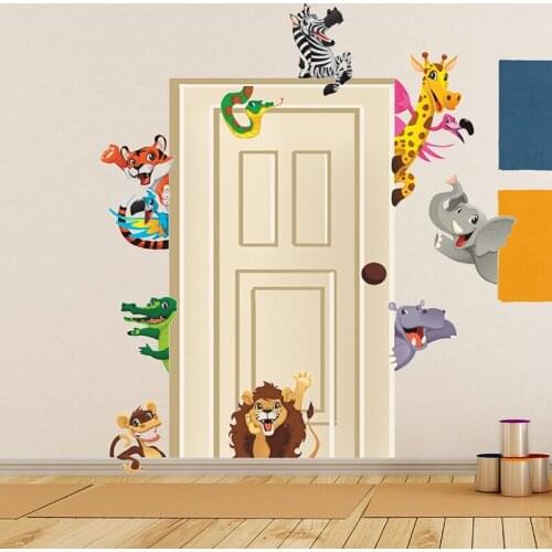 Jungle Animals Wall Stickers For Kids Rooms Home Door Decor Cartoon Lion Elephant Giraffee Wall Decals Fashion Wall Stickers